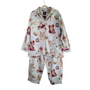 Nick & Nora Sock Monkey Pajama Set Blue Cotton Button Front XXL Womens